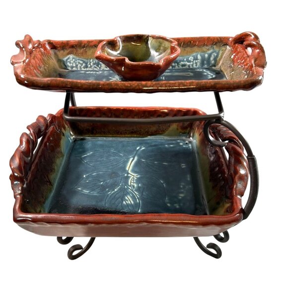 Ceramic 3-Tier Serving Set Stoneware Rustic Leaf Design Green, Blue, Brown - Picture 1 of 13